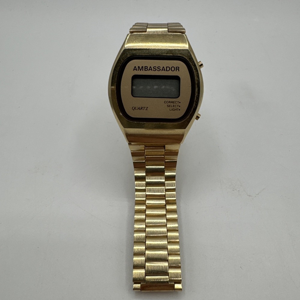 VERY RARE Vintage Authentic AMBASSADOR Digital LCD‎ Quartz Gold Wristwatch WORKS